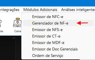 Menu Módulos Adicionais do Clipp com a opção Gerenciador de NF-e