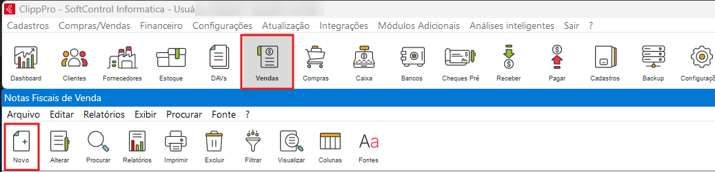 Menu Vendas e botão Novo