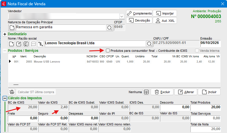 Base e valor do ICMS destacados