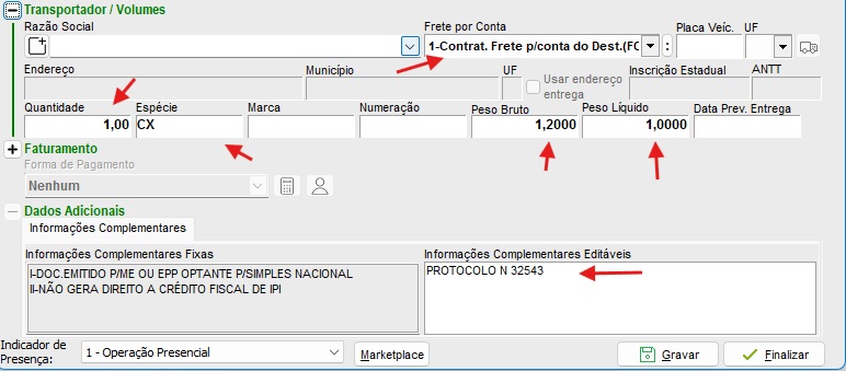 Transportador, volumes e protocolo nas informações complementares