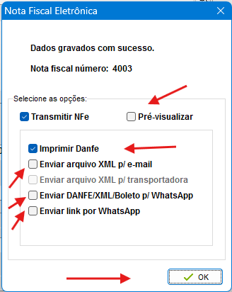 Tela ao finalizar: Transmitir NFe, Imprimir Danfe e opções de envio
