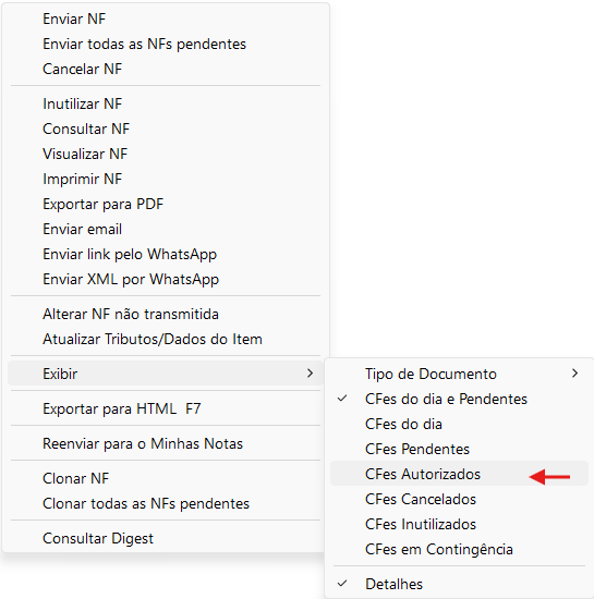 Menu do botão direito: Exibir, opção CFes Autorizados
