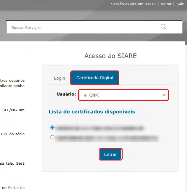 Acesso ao SIARE com certificado digital: aba Certificado Digital, usuário e_CNPJ e botão Entrar