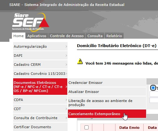 Menu Documentos Eletrônicos com a opção Cancelamento Extemporâneo
