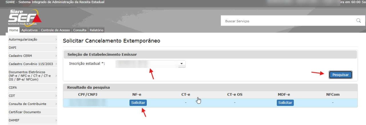 Escolha da inscrição estadual, botão Pesquisar e Solicitar na coluna NF-e